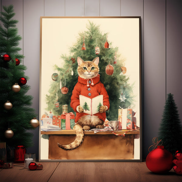 Cat and Christmas Tree Poster - Whimsical Christmas Cat Art | Vintage Xmas Decor Art Print for Festive Ambiance