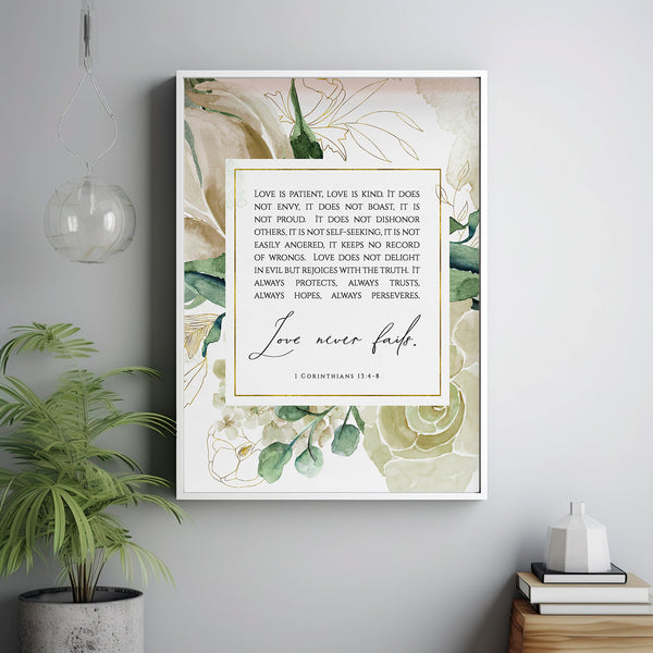 1 Corinthians 13:4-8 Floral Scripture Wall Art - Elegant Christian Wedding Gift, Inspirational Bible Verse Decor