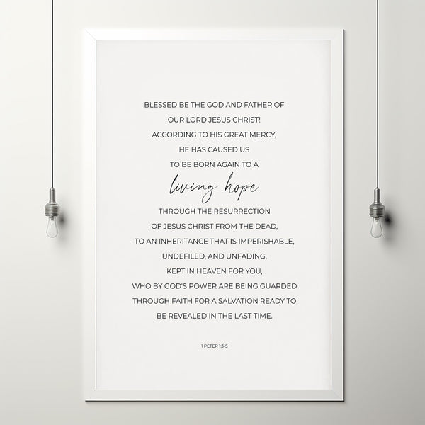 1 Peter 13-5 Blessed be to God Easter Bible Verse Wall Art Poster, Living Hope Scripture Poster, Minimalist Christian Wall