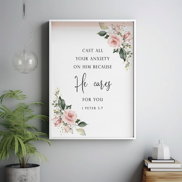 1 Peter 5:7 'He Cares For You' Floral Bible Verse Poster - Uplifting Scripture Art, Perfect Christian Gift