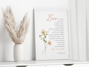 1 Corinthians 13 4 8 Love is patient love is kind Love never fails Bible verse Poster wall art, Modern Christian floral minimalist poster 1379815208