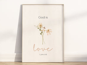 1 John 4 16 18 19 Christian Bible Verse Wall Art Poster, modern scripture quote about love, we love because he first loved us home decor 1560265357
