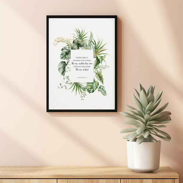 2 Corinthians 517 Poster New Creation Scripture Wall Art with Watercolor Green Palm Leaves, Botanical Christian Bible Verse