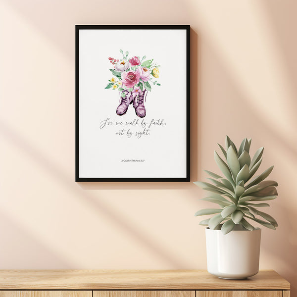 2 Corinthians 57 For We Walk By Faith and Not By Sight Christian Nursery Scripture Wall Art, Watercolor Pink Floral Bible Verse Poster