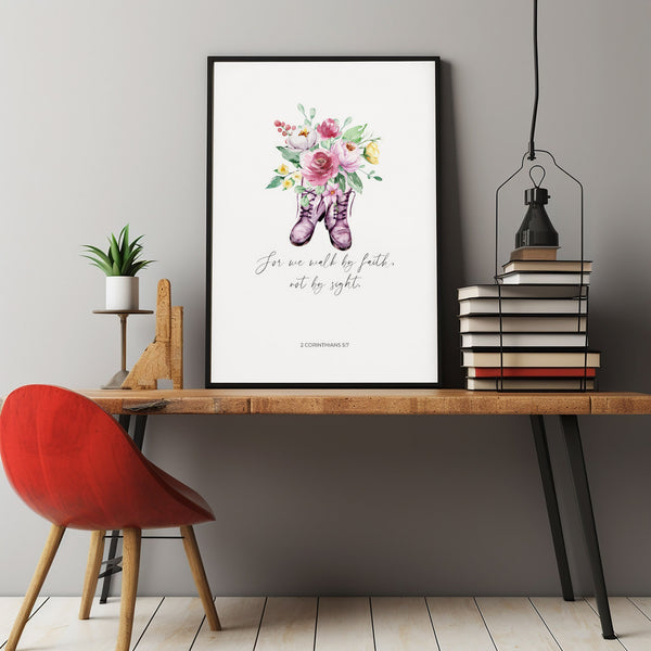 2 Corinthians 57 For We Walk By Faith and Not By Sight Christian Nursery Scripture Wall Art, Watercolor Pink Floral Bible Verse Poster