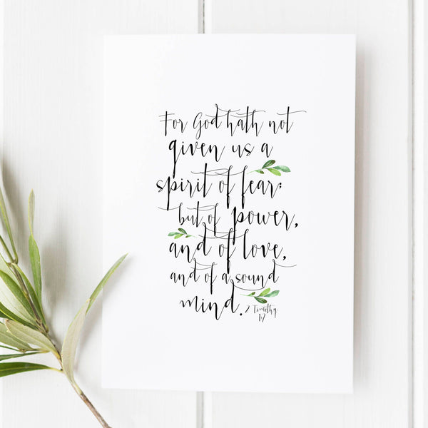 2 Timothy 17 - For God hath not given us a spirit of fear - Scripture Art - Bible Verse - Bible verse wall art - Bible verse print 1588278954
