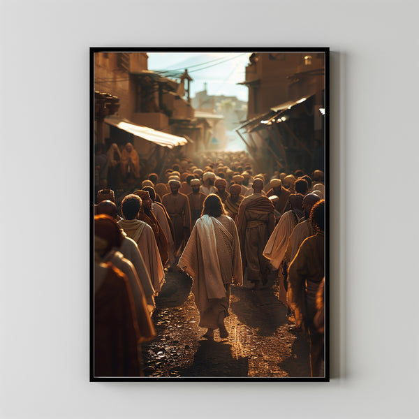 Jesus Walking Towards A Crowd Of People Poster, Gift Trendy Living Room Home Decor Framed Canvas Christian Nursery Decor 1