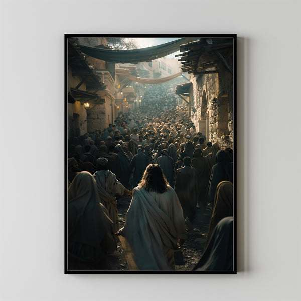 Jesus Walking Towards A Crowd Of People Poster, Gift Trendy Living Room Home Decor Framed Canvas Christian Nursery Decor