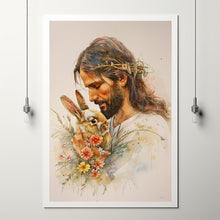 Divine Comfort A Serene Digital Artwork of Jesus Embracing a Bunny