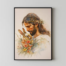 Divine Comfort A Serene Digital Artwork of Jesus Embracing a Bunny