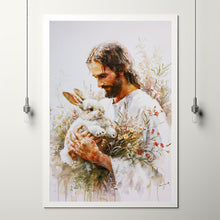 Divine Comfort A Serene Digital Artwork of Jesus Embracing a Bunny 1