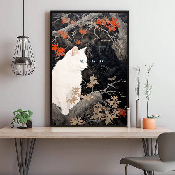 Black and White Cats Playing Together Poster - Japanese Style | Ideal Wall Art for Cat Lovers