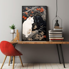 Black and White Cats Playing Together Poster - Japanese Style | Ideal Wall Art for Cat Lovers