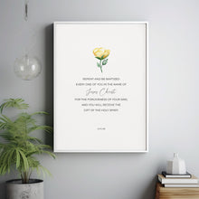 Acts 238 Repent and Be Baptized (ESV) Bible Verse Poster Wall Art with Yellow Watercolor Flower, Baptism Gift, Floral Scripture Print