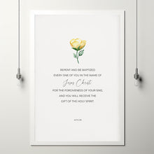 Acts 238 Repent and Be Baptized (ESV) Bible Verse Poster Wall Art with Yellow Watercolor Flower, Baptism Gift, Floral Scripture Print
