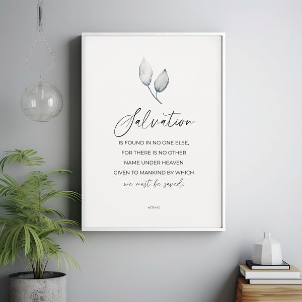 Acts 412 Salvation Easter Bible Verse Poster Wall Art with a Watercolor Green Leaves, Christian Easter Scripture Decor Poster