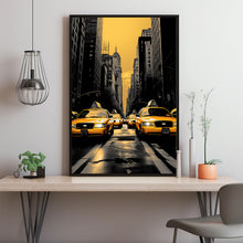 Three Yellow Taxis at Traffic Light Poster - Iconic New York City Travel Print | Traditional US Travel Art