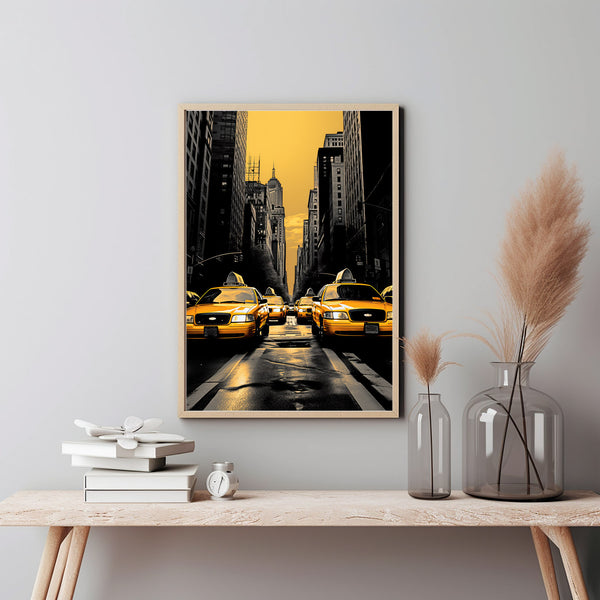 Three Yellow Taxis at Traffic Light Poster - Iconic New York City Travel Print | Traditional US Travel Art