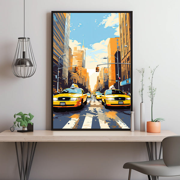 Yellow Taxis at Traffic Light Poster - Iconic New York City Travel Print | Classic American Urban Scene