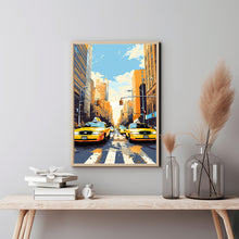 Yellow Taxis at Traffic Light Poster - Iconic New York City Travel Print | Classic American Urban Scene