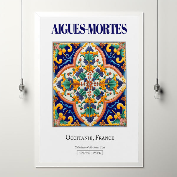 Aigues-Mortes, Occitanie, France, Aesthetic Minimalistic Traditional Tile, Wall Art Décor Print Poster, Living Room Decor