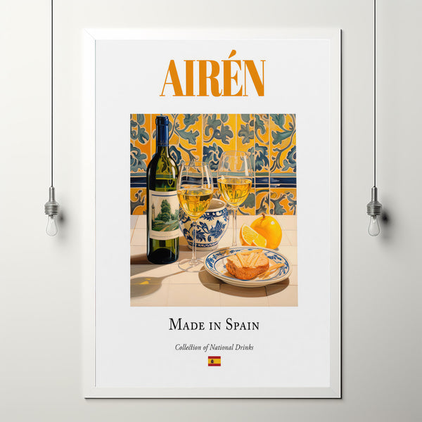 Airén Wine on Maiolica Tile, Traditional Castilla-La-Mancha Beverage (Drink) Print Poster, Kitchen and Bar Wall Art