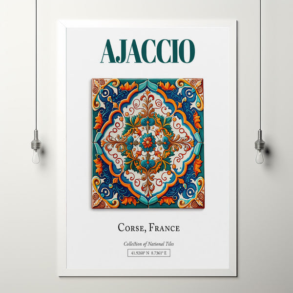 Ajaccio, Corse, France, Aesthetic Folk Traditional Tile, Wall Art Décor Print Poster, Bedroom Wall Art