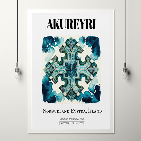Akureyri, Norðurland Eystra, Iceland, Traditional Tile Pattern Aesthetic Wall Art Decor Print Poster