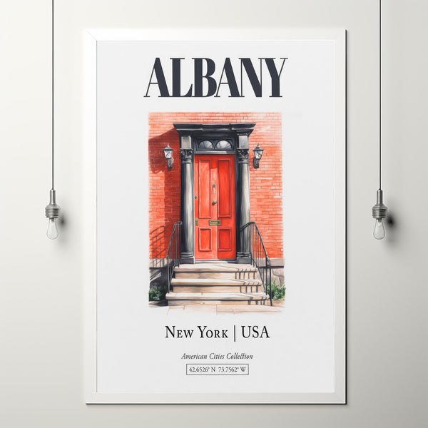 Albany, New York, USA, Aesthetic Minimalistic Watercolor Entrance Door, Wall Décor Print Poster, Kitchen Wall Art