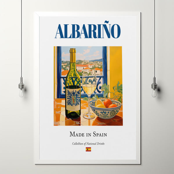 Albariño on Maiolica Tile, Traditional Galicia Beverage (Drink) Print Poster, Kitchen and Bar Wall Art