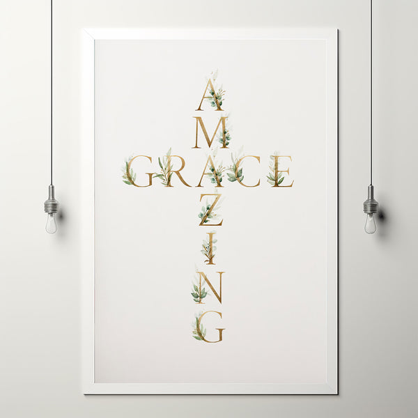 Amazing Grace Cross Poster - Luxurious Gold Christian Wall Decor with Inspirational Quotes, Perfect for Spiritual Upliftment