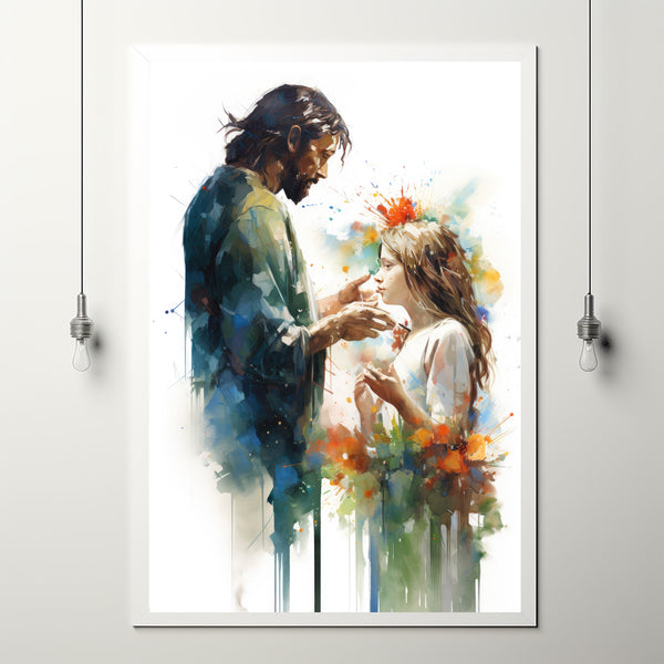 Abstract Spiritual Poster - Girl Offering Flower to Jesus - Modern Religious Art Print - Inspirational Christian Decor - Unique Faith-Based Gift