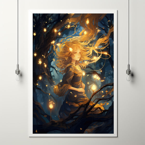 Mystical Girl in the Night Sky - Dark Forest Poster, Enchanting Forest Girl Wall Art for Home Decor