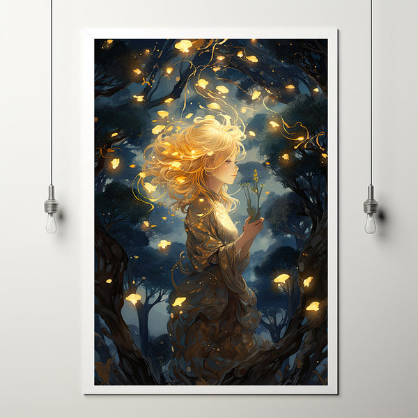 Mystical Girl in the Night Sky - Dark Forest Poster, Enchanting Artwork for Dreamers and Nature Lovers