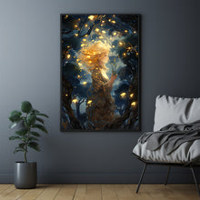 Mystical Girl in the Night Sky - Dark Forest Poster, Enchanting Artwork for Dreamers and Nature Lovers