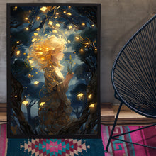 Mystical Girl in the Night Sky - Dark Forest Poster, Enchanting Artwork for Dreamers and Nature Lovers