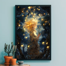 Mystical Girl in the Night Sky - Dark Forest Poster, Enchanting Artwork for Dreamers and Nature Lovers