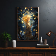 Mystical Girl in the Night Sky - Dark Forest Poster, Enchanting Artwork for Dreamers and Nature Lovers