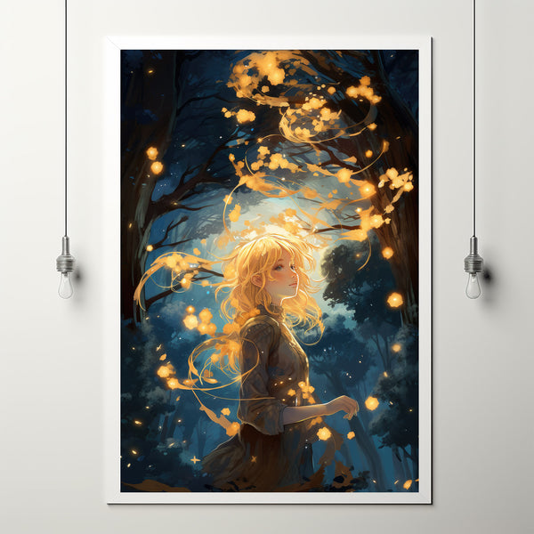 Mystical Girl in the Night Sky - Dark Forest Poster, Enchanting Forest Girl Wall Art for Home Decor