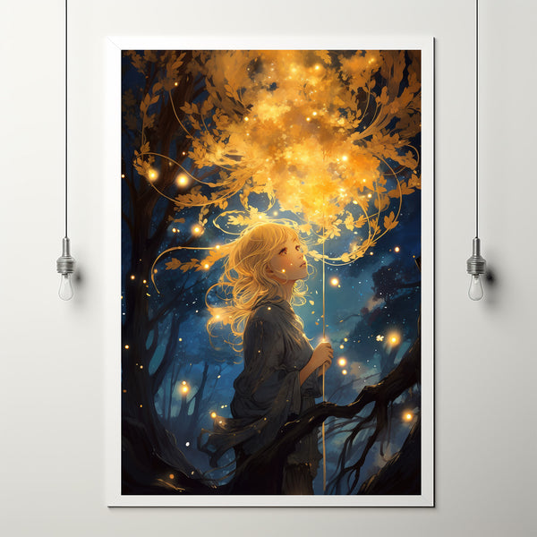 Mystical Girl in the Night Sky - Dark Forest Poster, Enchanting Artwork for Dreamers and Nature Lovers