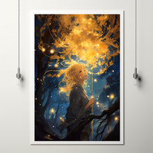 Mystical Girl in the Night Sky - Dark Forest Poster, Enchanting Artwork for Dreamers and Nature Lovers