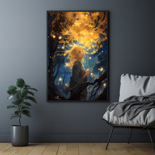 Mystical Girl in the Night Sky - Dark Forest Poster, Enchanting Artwork for Dreamers and Nature Lovers