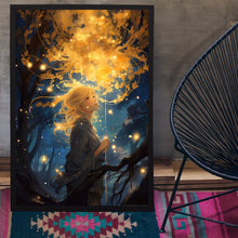 Mystical Girl in the Night Sky - Dark Forest Poster, Enchanting Artwork for Dreamers and Nature Lovers