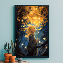 Mystical Girl in the Night Sky - Dark Forest Poster, Enchanting Artwork for Dreamers and Nature Lovers