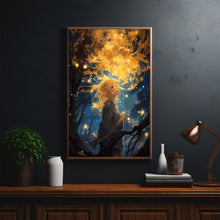 Mystical Girl in the Night Sky - Dark Forest Poster, Enchanting Artwork for Dreamers and Nature Lovers