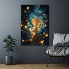 Mystical Girl in the Night Sky - Dark Forest Poster, Enchanting Artwork for Dreamers and Nature Lovers