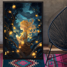 Mystical Girl in the Night Sky - Dark Forest Poster, Enchanting Artwork for Dreamers and Nature Lovers