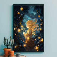 Mystical Girl in the Night Sky - Dark Forest Poster, Enchanting Artwork for Dreamers and Nature Lovers