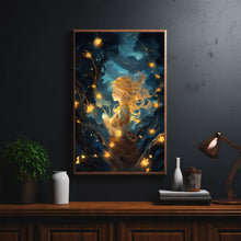 Mystical Girl in the Night Sky - Dark Forest Poster, Enchanting Artwork for Dreamers and Nature Lovers