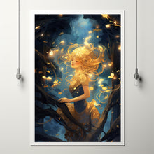 Mystical Girl in the Night Sky - Dark Forest Poster, Enchanting Art for Forest Girl Enthusiasts